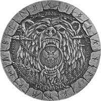 2026 Bodvar Saga Loss Vengeful 1oz Silver Antiqued Coloured Bullion 5 Mark Germania Mint Capsule & Coin Box & COA, front