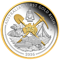2026 175th Anniversary Australia's First Gold Rush 1oz Silver Gilded Perth Mint Presentation Case & COA, obverse