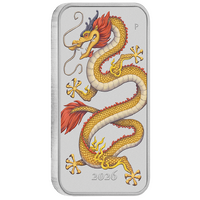 2026 Golden Dragon 1oz Silver Coloured Rectangular $1 Perth Mint Coin in Card, obverse
