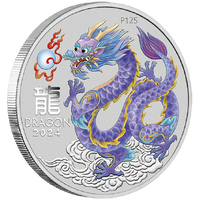 2024 Australian Lunar Series III ANDA Sydney Money Expo Year of the Lilac Dragon 1oz Silver Coloured Perth Mint Coin in card, obverse