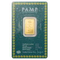 Diwali Lakshmi & Rangoli art 5g Gold Minted Bar PAMP Suisse Certicard, front