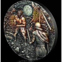 2026 Bodvar Saga Loss Vengeful 2oz Silver Antiqued Numbered Bullion UHR Black Light Letters 10 Mark Germania Mint Capsule Pouch in Qureco box & COA, obverse