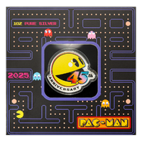 2025 PAC-MAN 45th Anniversary 1oz Silver Coloured PAMP Numbered Coin in Display Case, obverse
