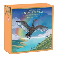 2026 Australian Swan Perth Money Expo ANDA Special 1oz Silver Coloured $1 Perth Mint Presentation Case & COA, obverse