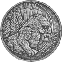 2026 Megafauna Cave Lion 1oz Silver Antiqued finish, Black light Colours Germania Mint Coin Box and COA, obverse