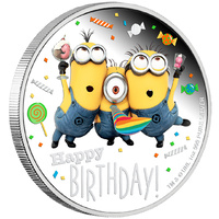 2019 Minion Happy Birthday 1oz Silver Coloured Proof Perth Mint Coin in Gift Card image