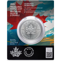 2026 Treasured Maple Leaf Congratulations Balloons Privy Mark 1oz Silver Bullion 5 Royal Canadian Mint Coin in Card, front