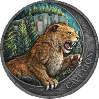 2026 Megafauna Cave Lion 1oz Silver Antiqued finish, Black light Colours Germania Mint Coin Box and COA, front