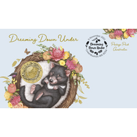 2021 Dreaming Down Under Tasmanian Devil Stamp and Coin Cover One Dollar $1 Perth Mint AusPost PNC image