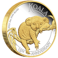 2022 Australian Koala 15th Anniversary 3oz Silver Proof Gilded Coin Perth Mint Presentation Case & COA image