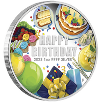 2023 Happy Birthday 1oz Silver Coloured Proof Perth Mint Coin in Gift Card