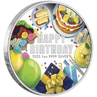 2023 Happy Birthday 1oz Silver Coloured Proof Perth Mint Coin in Gift Card image