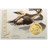 2026 Australian Kookaburra Perth Stamp & Coin Show Special 1oz Silver Gold-Plated Perth Mint Coin in Card, front