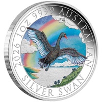 2026 Australian Swan Perth Money Expo ANDA Special 1oz Silver Coloured $1 Perth Mint Presentation Case & COA, front