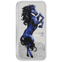 2026 Lunar Horse 1oz Silver Bullion Coloured Minted Rectangular Perth Mint Coin in Card, front