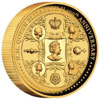 2026 H.M. Queen Elizabeth II 100th Anniversary 2oz Gold Proof High Relief Perth Mint Presentation case and COA, front