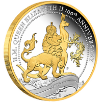 2026 H.M. Queen Elizabeth II 100th Anniversary Florin 1oz Silver Proof Gilded Perth Mint Presentation Case and COA, front