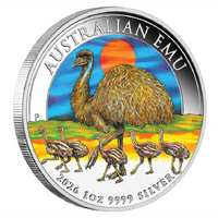 2026 Australian Emu 1oz Silver Coloured Perth Mint Presentation Case & COA, front