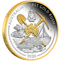 2026 175th Anniversary Australia's First Gold Rush 1oz Silver Gilded Perth Mint Presentation Case & COA, front