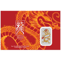 2026 Golden Dragon 1oz Silver Coloured Rectangular $1 Perth Mint Coin in Card, front