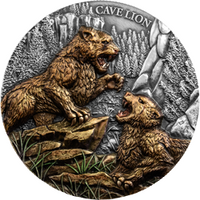 2026 Megafauna Cave Lion 2oz Silver Antiqued finish, Colouring Germania Mint Cardboard box and COA, front