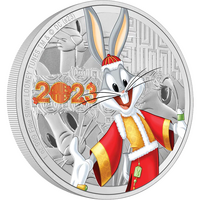 2023 Looney Tunes Year of the Rabbit - Bugs Bunny 1oz Silver Proof Coloured NZ Mint Presentation Case & COA image