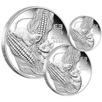 2020 Australian Lunar Series III Year of the Mouse 3 Coin Set 1/2oz, 1oz, 2oz Silver Proof Perth Mint Presentation Case & COA image