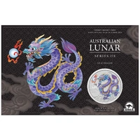 2024 Australian Lunar Series III ANDA Sydney Money Expo Year of the Lilac Dragon 1oz Silver Coloured Perth Mint Coin in card, front