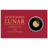 2026 Australian Lunar Series III Year of the Horse 0.5g Gold Proof Perth Mint Coin in Card, front