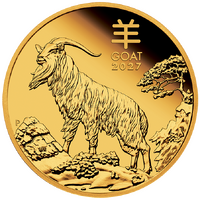 2027 Australian Lunar Series III Year of the Goat 1/4oz Gold Proof $25 Perth Mint Presentation Case & COA, front