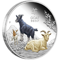 2027 Australian Lunar Series III Year of the Goat 1oz Silver Proof Coloured $1 Perth Mint Presentation Case & COA, front