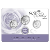 2016 Her Majesty Queen Elizabeth II 90th Birthday Frosted Uncirculated RAMint Three-Coin Set in Card image