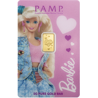 2026 Barbie Valentine's Day 1g Gold Minted Bar PAMP Assay Minted in card and numbered, front