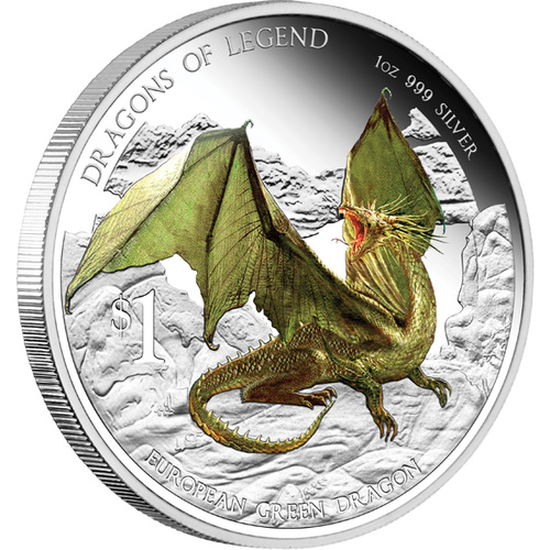 2013 Dragons of Legend Series: European Green Dragon 1 oz Silver Proof $1 Perth Mint Presentation Case & COA