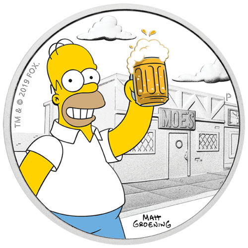 2019 The Simpsons: Homer 1 oz Silver Coloured Proof Perth Mint COA & Presentation Case