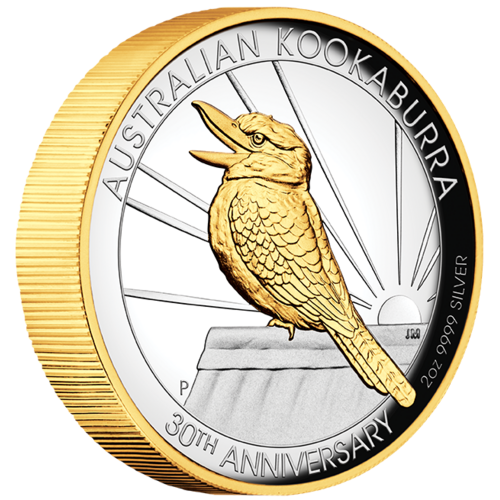 2020 Australian Kookaburra 30th Anniversary 2 oz Silver High Relief Gilded Perth Mint Presentation Case & COA