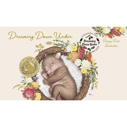 2021 Dreaming Down Under Wombat Stamp and Coin Cover One Dollar $1 Perth Mint AusPost PNC