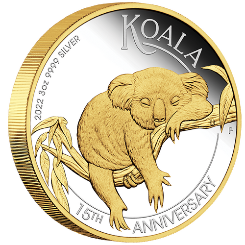 2022 Australian Koala 15th Anniversary 3oz Silver Proof Gilded Coin Perth Mint Presentation Case & COA