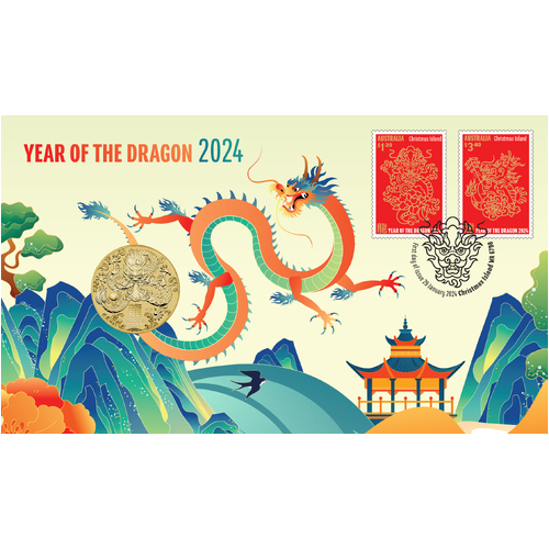 2024 Australian Lunar Series III Year of the Dragon AlBr $1 Perth Mint Stamp & Coin PNC
