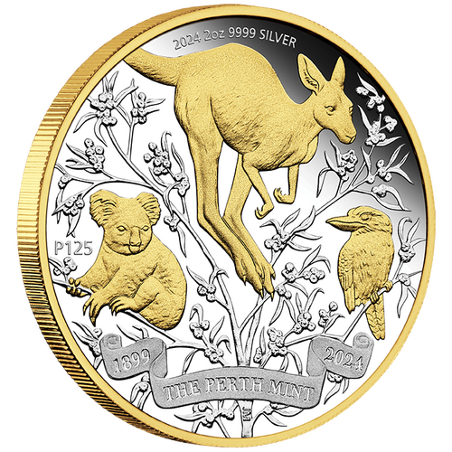2024 The Perth Mint's 125th Anniversary 2oz Silver Proof Gilded Perth Mint Presentation Case & COA