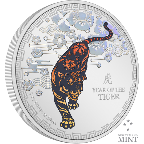 2022 Lunar Series Year of the Tiger 1oz Silver Coloured Proof New Zealand Mint Presentation Case & COA
