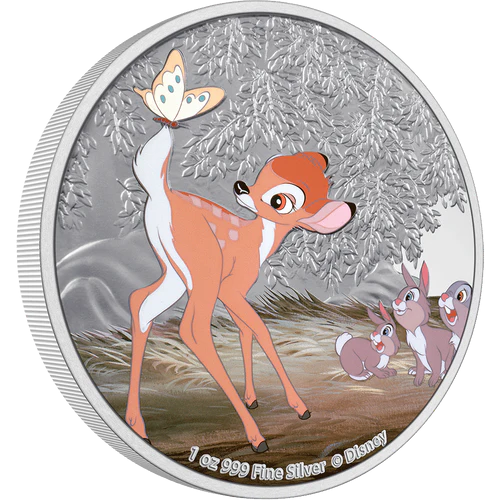 2022 Disney Bambi 80th Anniversary Bambi and Butterfly 1oz Silver Proof Coloured NZ Mint Presentation Case & COA