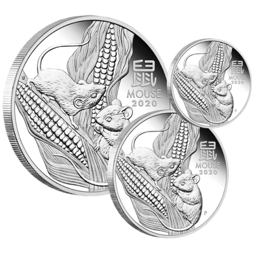2020 Australian Lunar Series III Year of the Mouse 3 Coin Set 1/2oz, 1oz, 2oz Silver Proof Perth Mint Presentation Case & COA