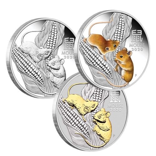 2020 Australian Lunar Series III Year of the Mouse 1oz Silver Trio - Proof, Coloured, Gilded Perth Mint Presentation Case & COA
