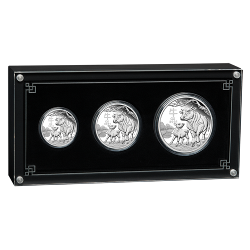 2021 Australian Lunar Series III Year of the Ox Three Coin Set 2oz, 1oz, 1/2oz Silver Proof Perth Mint Presentation Case & COA