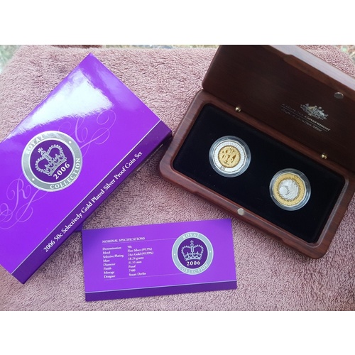 2006 Royal Collection 80th Birthday and Royal Visit Silver Selectively Gold Plated Proof 50c RAMint Wooden Presentation Case Set