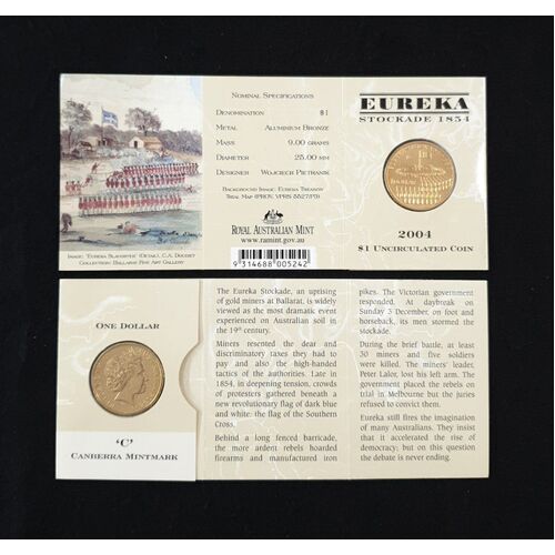 2004 Eureka Stockade 1854: Canberra "C" Mintmark Uncirculated $1 RAMint Coin in Card