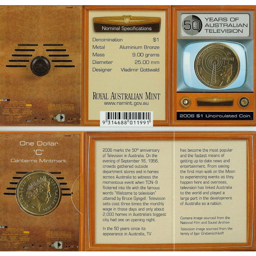 2006 50 Years of Australian Television Canberra "C" Mintmark Uncirculated RAMint Coin in Card