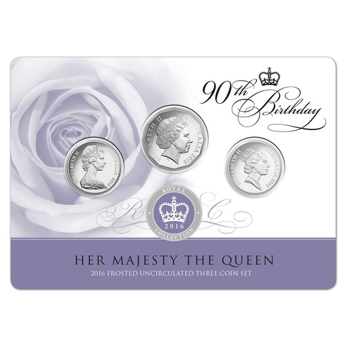 2016 Her Majesty Queen Elizabeth II 90th Birthday Frosted Uncirculated RAMint Three-Coin Set in Card