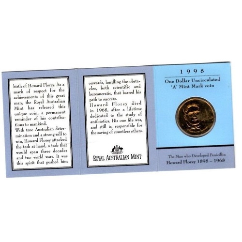 1998 Howard Florey "A" Mintmark Uncirculated $1 RAMint In Folder